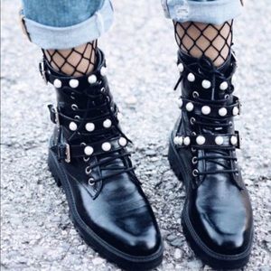 Zara Pearl Black Leather Combat Boots